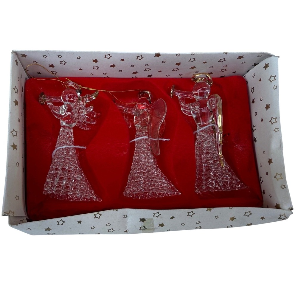 Vintage Spun Glass Angel Christmas Ornaments Set of 3 Clear Gold Accents 3.25in